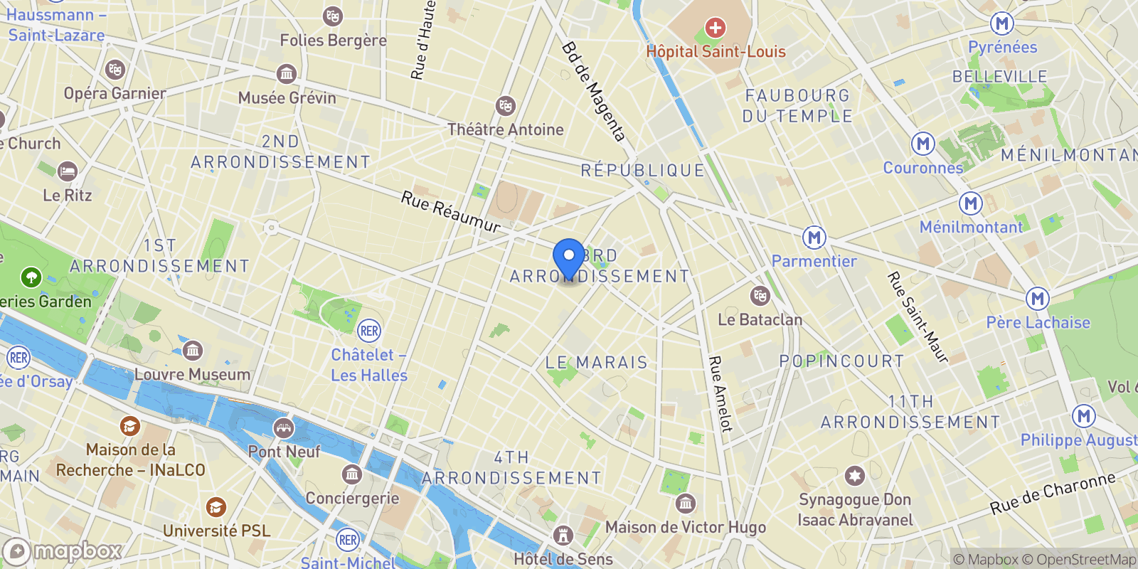 Map showing PARIS, J 75003, Paris, Île-de-France, France.