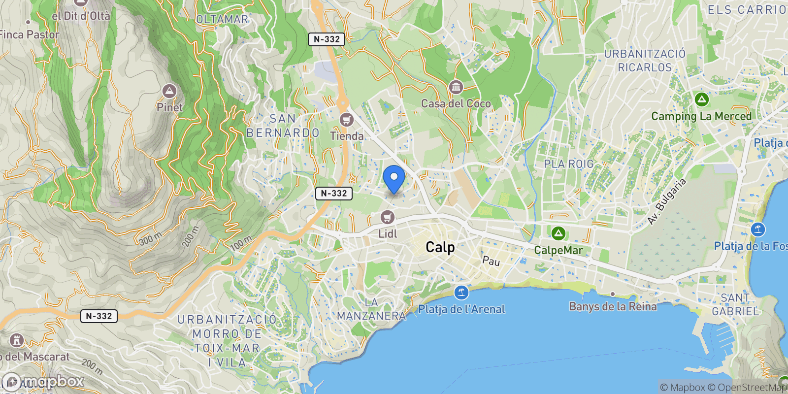 Map showing Portugal, Alicante, Calp, Valencian Community, Spain.
