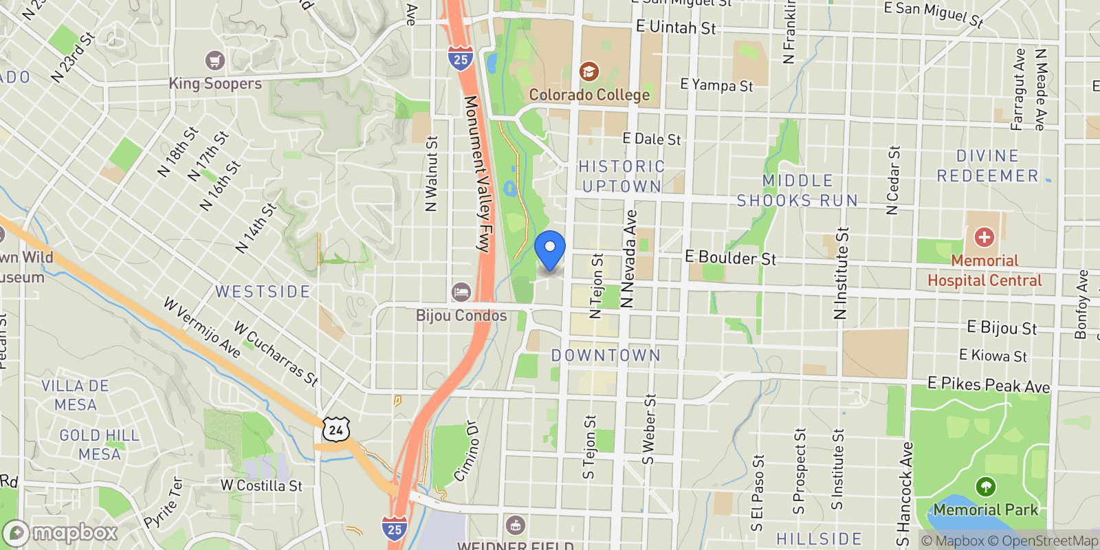 Map showing 6 Boulder Crescent Street, Colorado Springs, CO 80903, Colorado Springs, Colorado, United States.