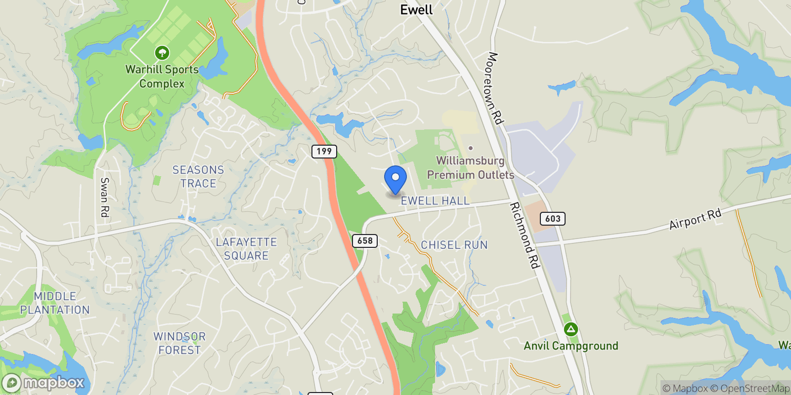 Map showing 5105 Ginger Ct, Williamsburg, VA 23188, Williamsburg, Virginia, United States.