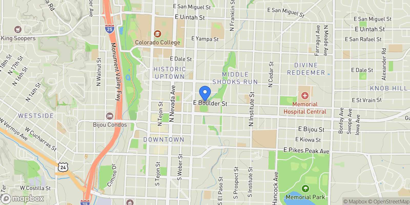 Map showing 502 E Boulder Street, Colorado Springs, CO 80903, Colorado Springs, Colorado, United States.
