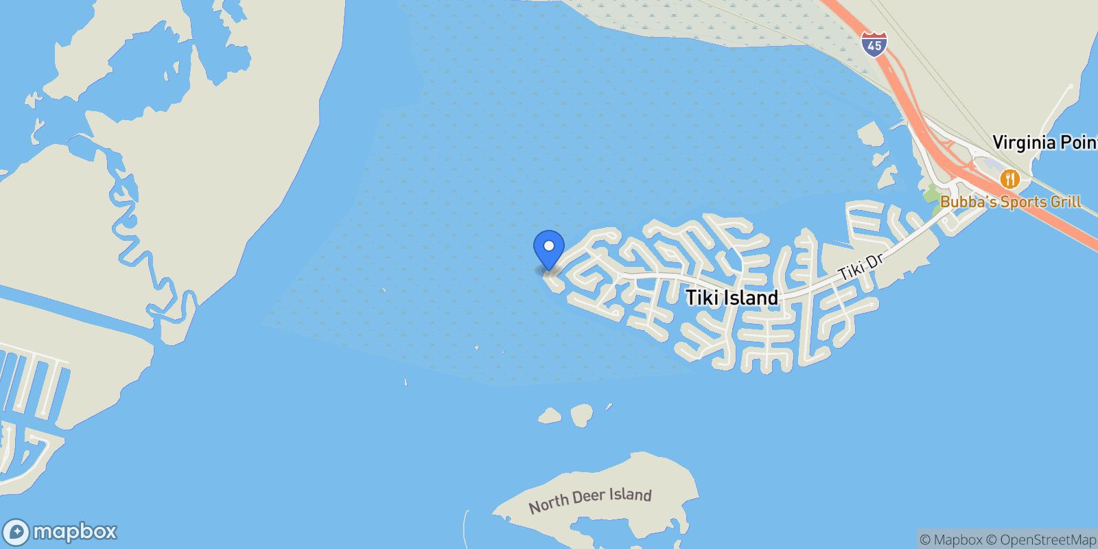 Map showing 135 Isles End Road, Tiki Island, TX 77554, Galveston, Texas, United States.
