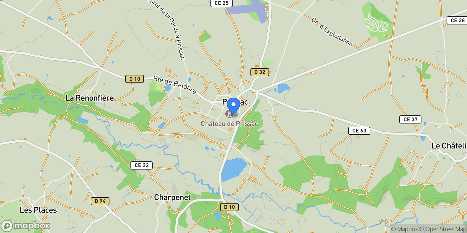 Map showing Prissac, Centre-Val de Loire, France.
