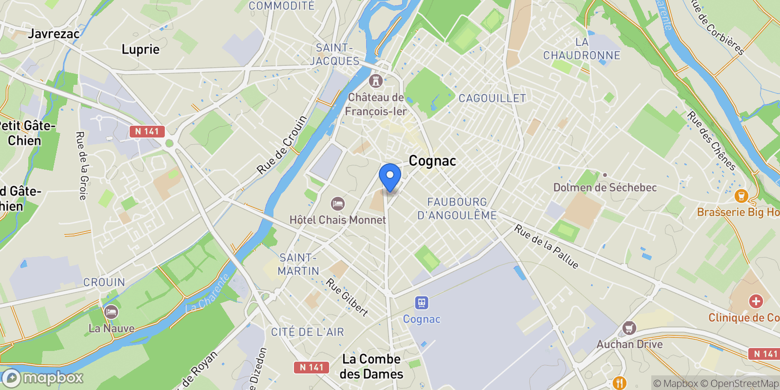 Map showing Cognac, Nouvelle-Aquitaine, France.