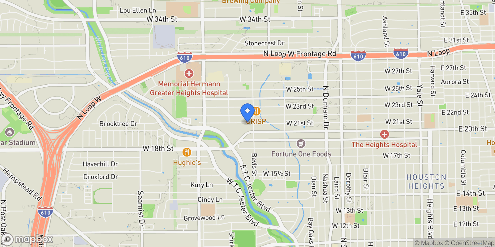Map showing 1302 W 21st Street, Houston, TX 77008, Houston, Texas, United States.