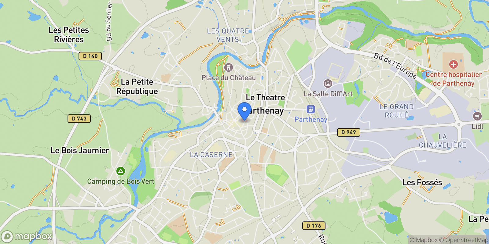 Map showing Parthenay, Nouvelle-Aquitaine, France.