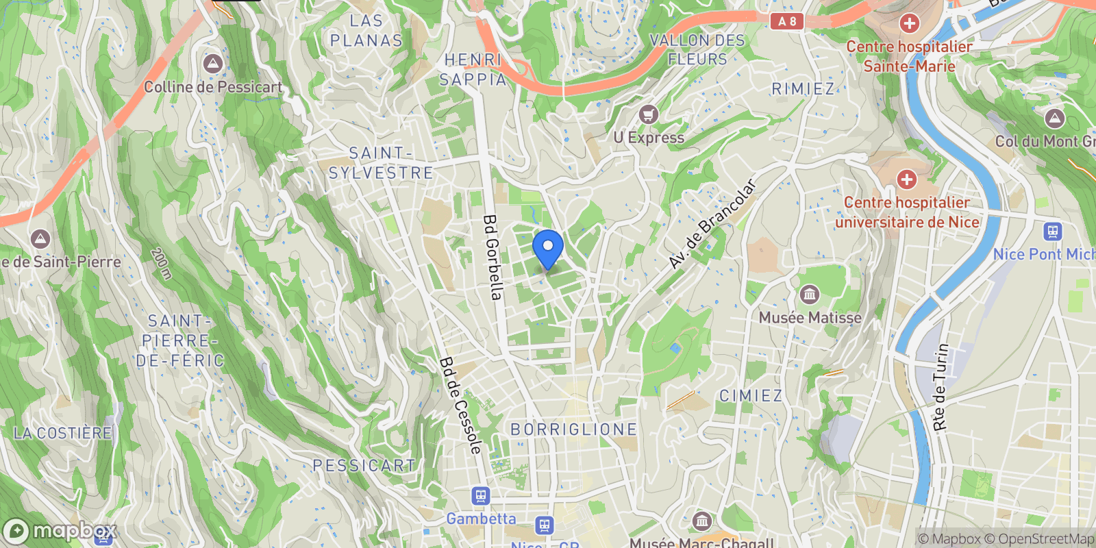 Map showing Nice, Provence-Alpes-Côte d'Azur, France.