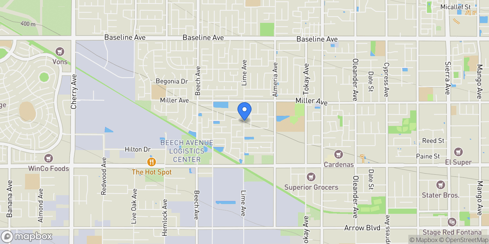 Map showing 7855 Lime Avenue, Fontana, CA 92336, Fontana, California, United States.