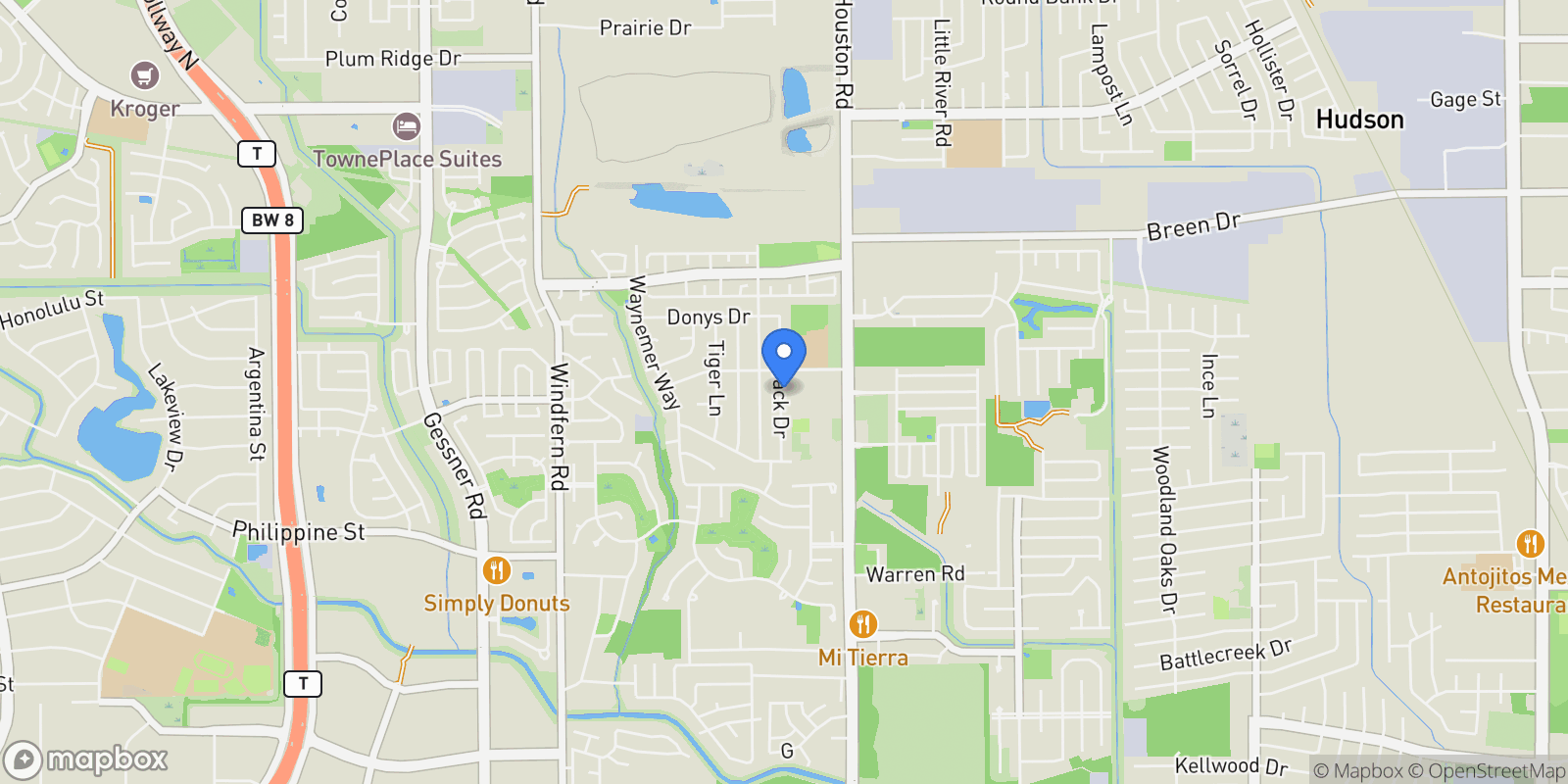 Map showing 8210 Bo Jack Drive, Houston, TX 77040, Houston, Texas, United States.