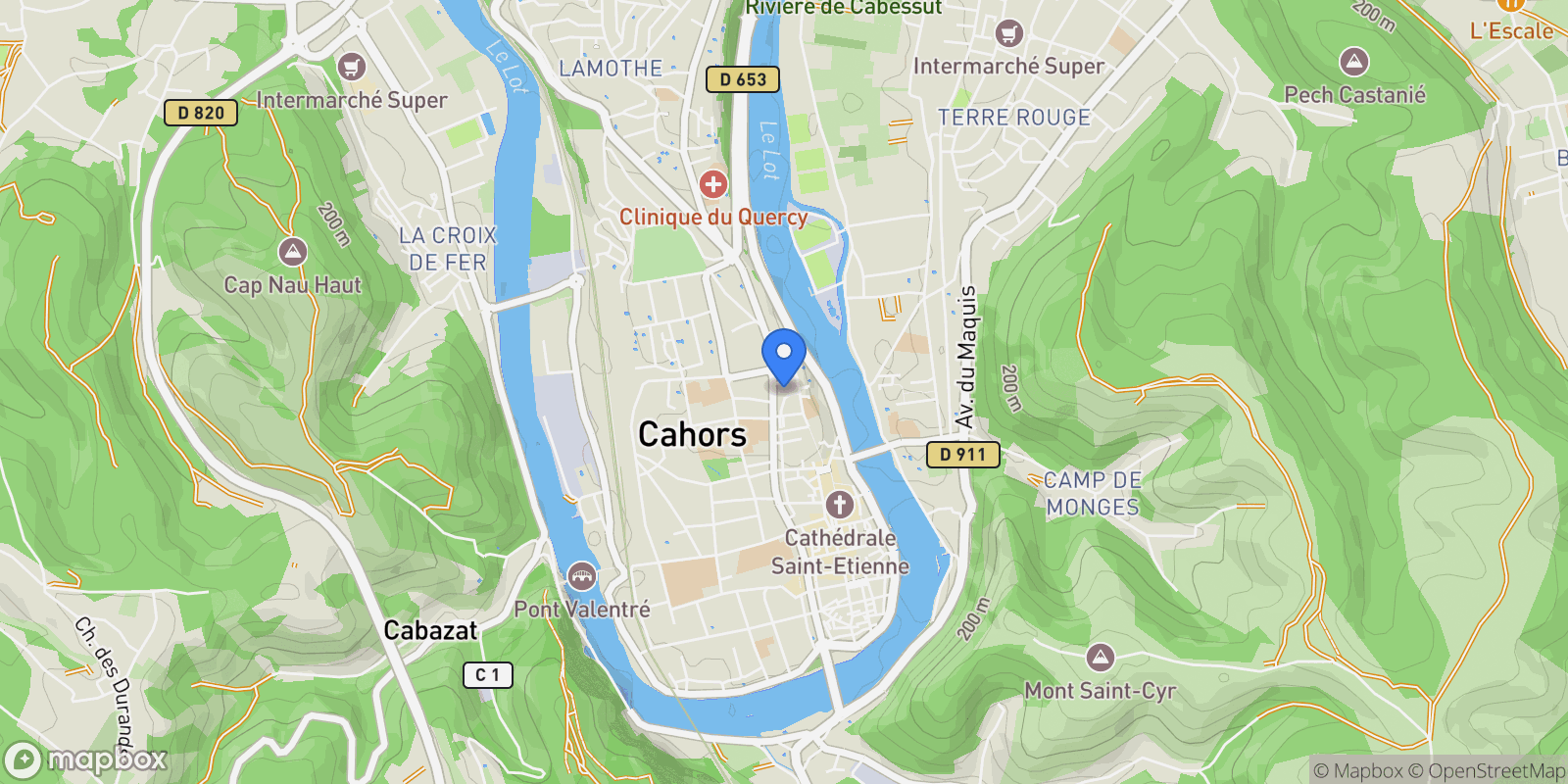 Map showing Cahors, Occitanie, France.