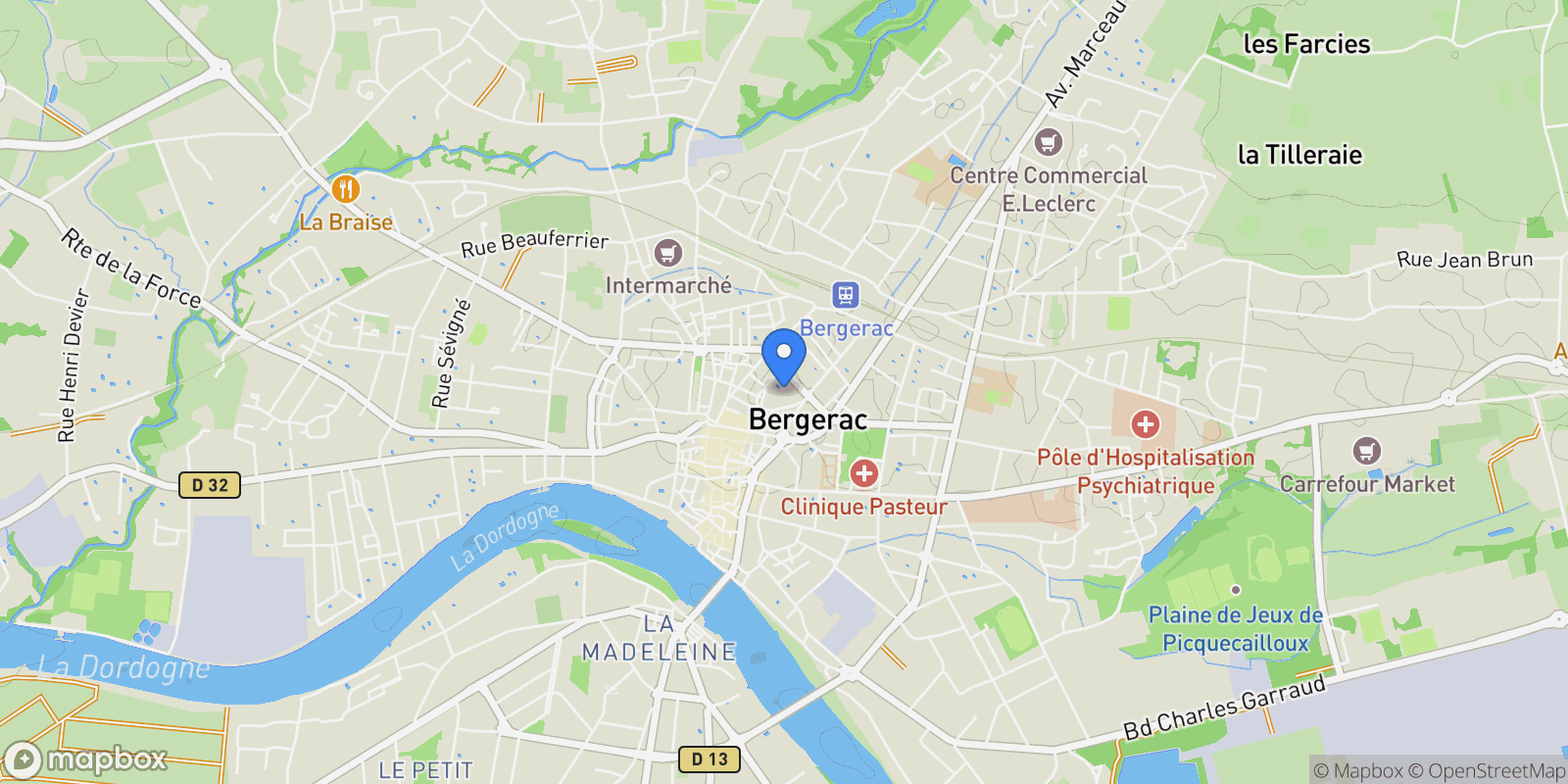 Map showing Bergerac, Nouvelle-Aquitaine, France.