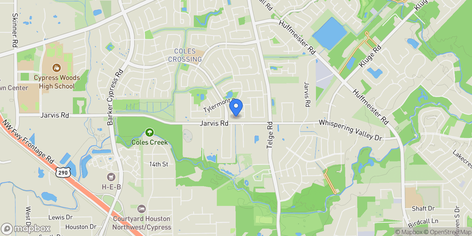 Map showing 12835 Bedford Falls Drive, Cypress, TX 77429, Houston, Texas, United States.