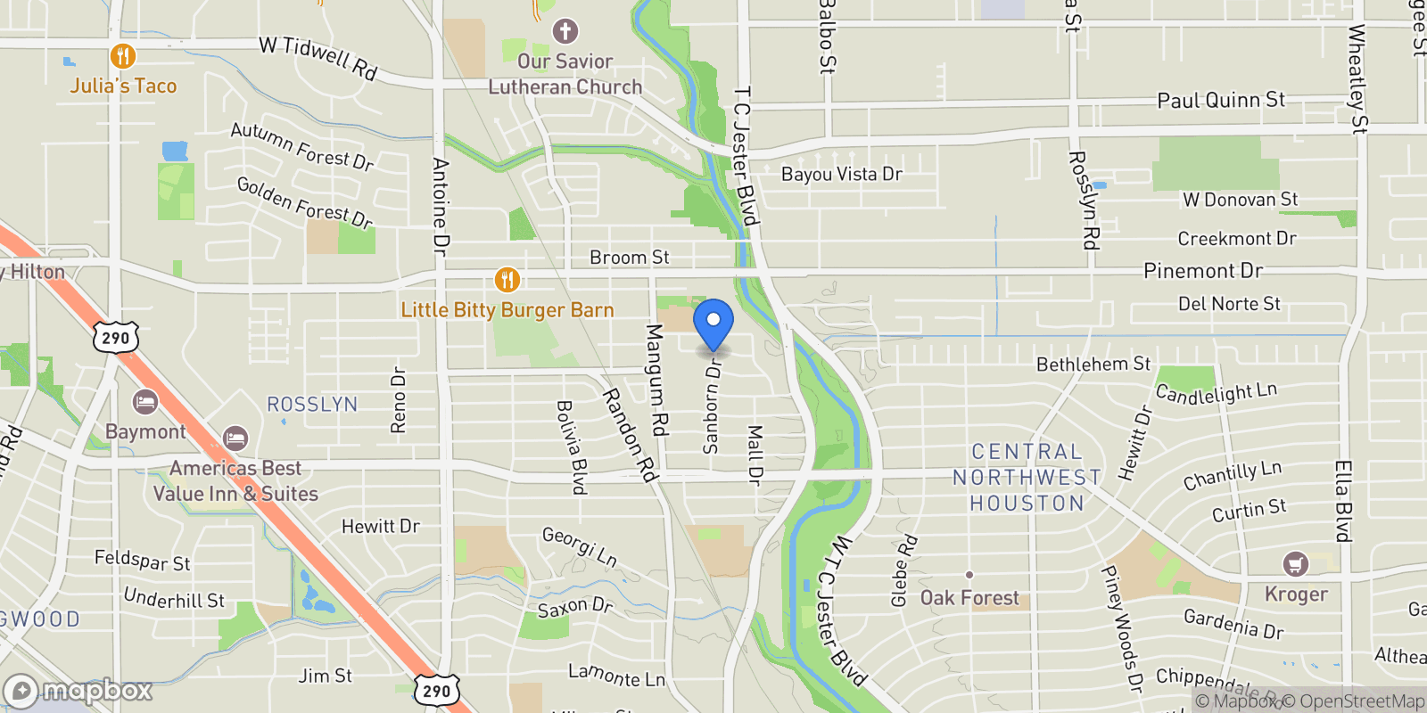 Map showing 4801 Sanborn Drive, Houston, TX 77092, Houston, Texas, United States.