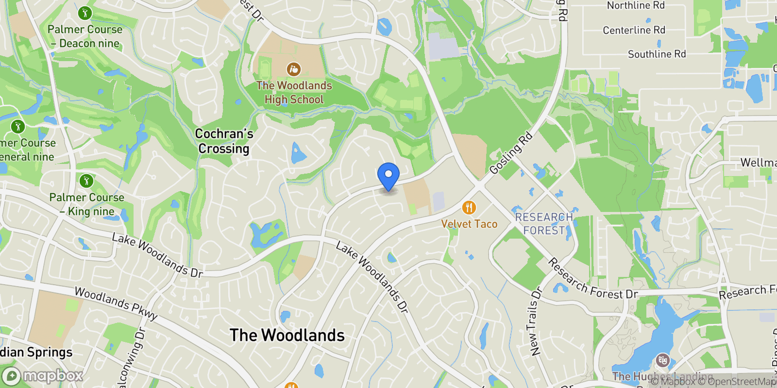 Map showing 7 Tanager Trail, Spring, TX 77381, The Woodlands, Texas, United States.