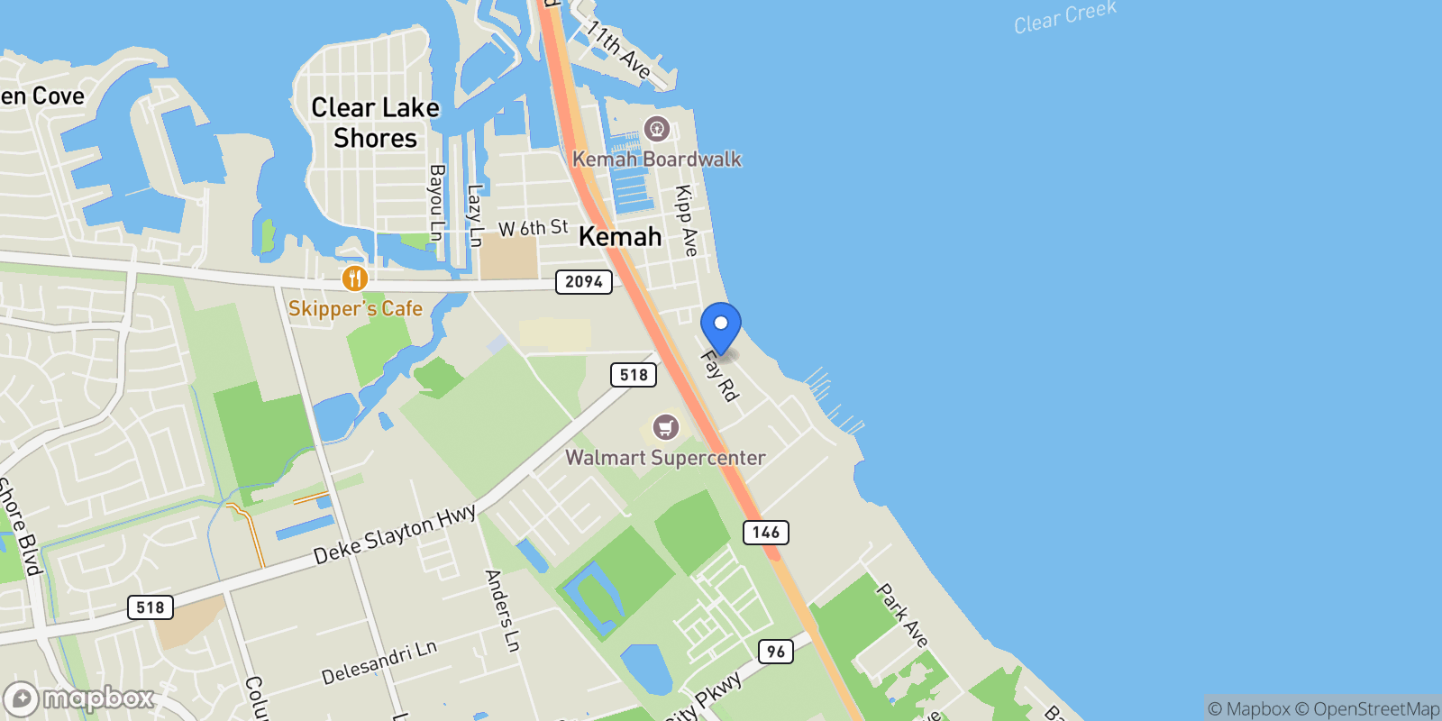 Map showing 101 Raider Street, Kemah, TX 77565, Kemah, Texas, United States.