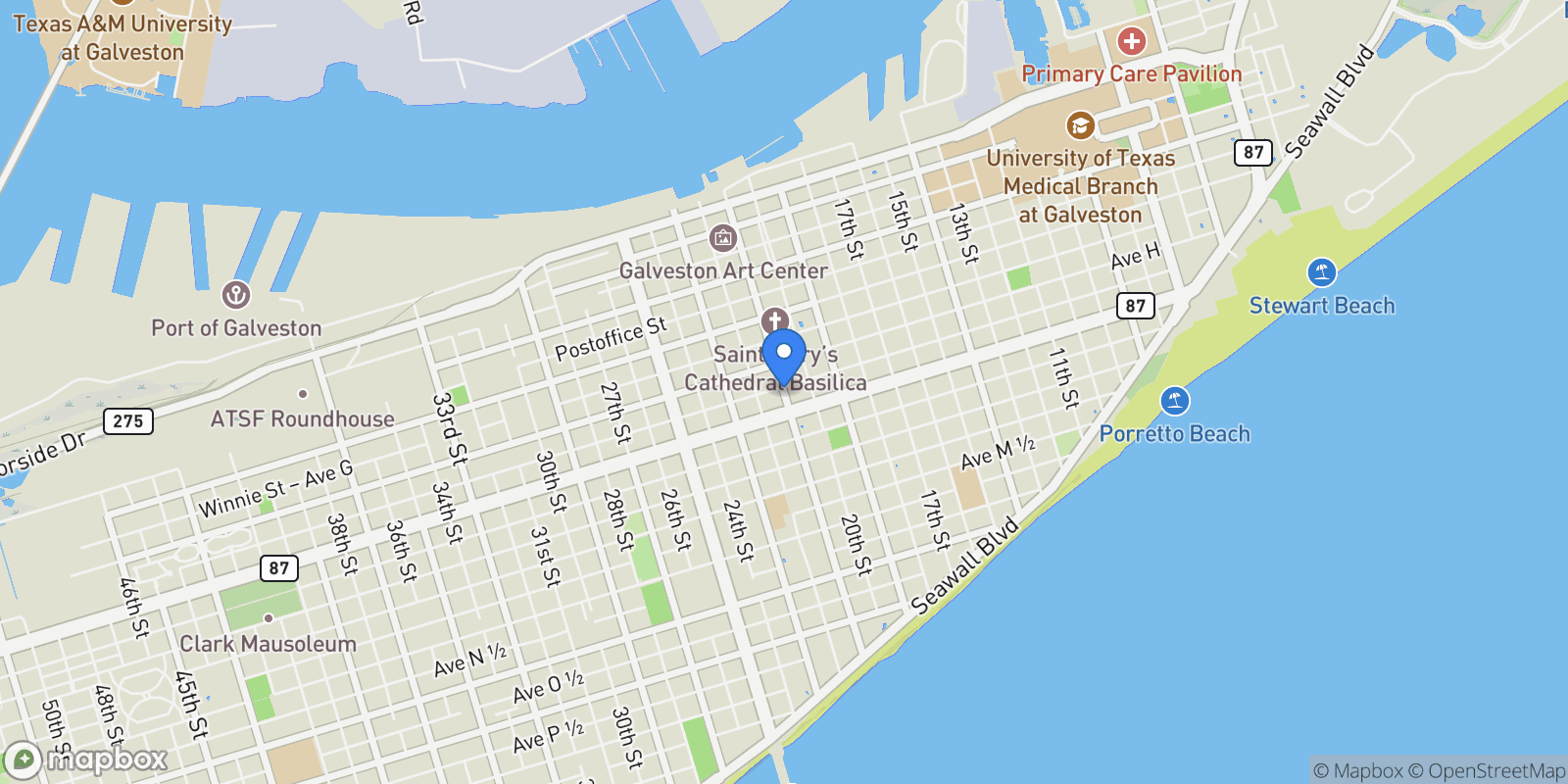 Map showing 910 Moody Avenue, Galveston, TX 77550, Galveston, Texas, United States.