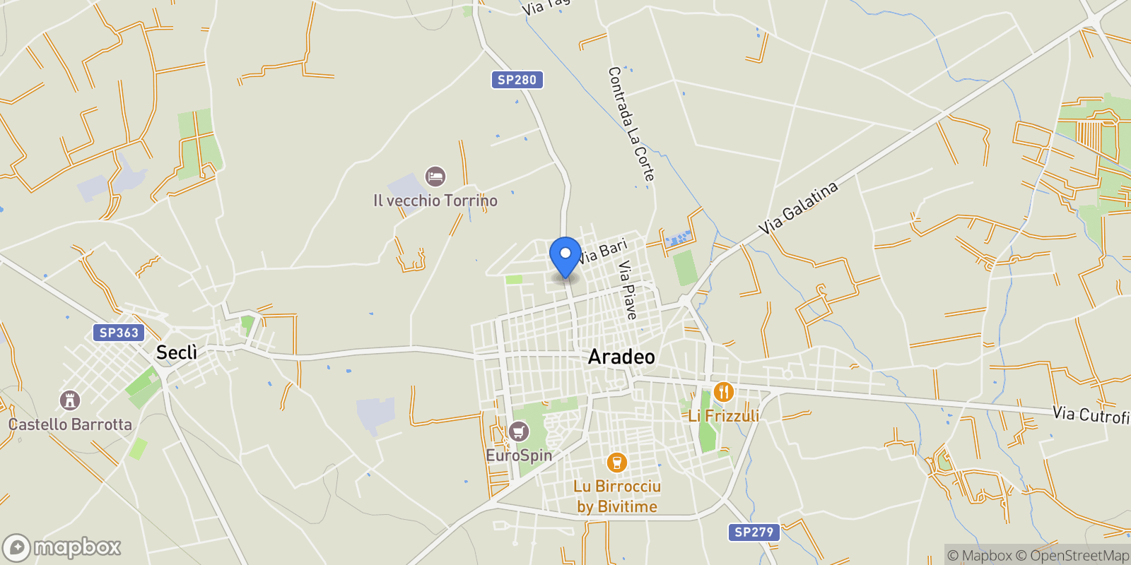 Map showing Via Gentiluomo 4, Aradeo, Apulia, Italy.