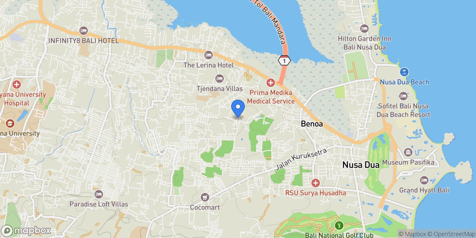 Map showing 6634+WFP, Jl. Bypass Ngurah Rai, Benoa, Kec. Kuta Sel., Kabupaten Badung, Bali 80361, Indonesia, Bali, Indonesia.