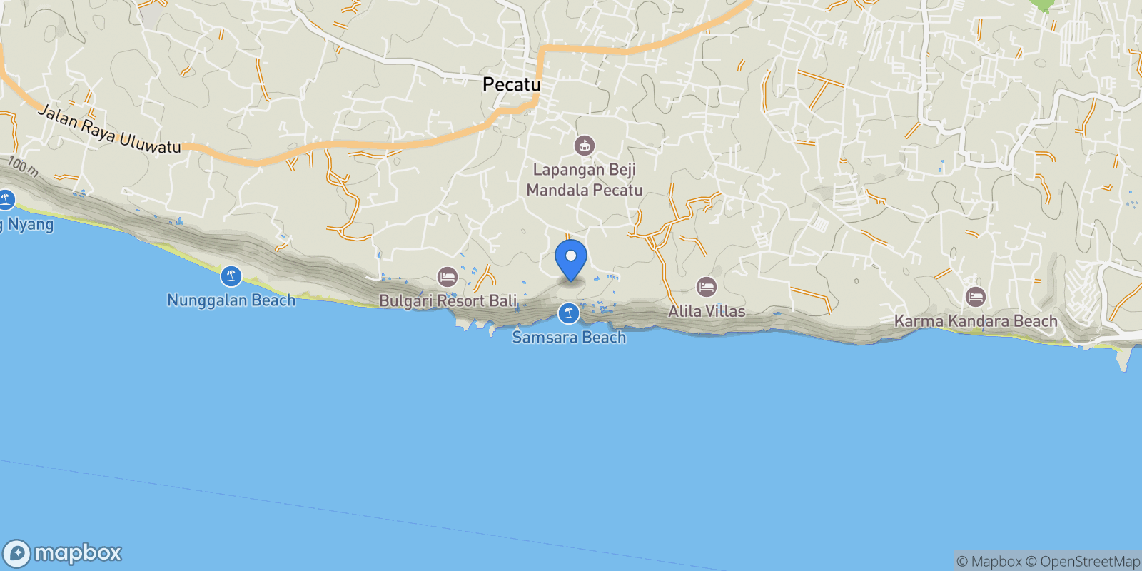 Map showing Jl. Goa Lempeh Uluwatu, Pecatu, Kec. Kuta Sel., Kabupaten Badung, Bali 80361, Indonesia, Bali, Indonesia.