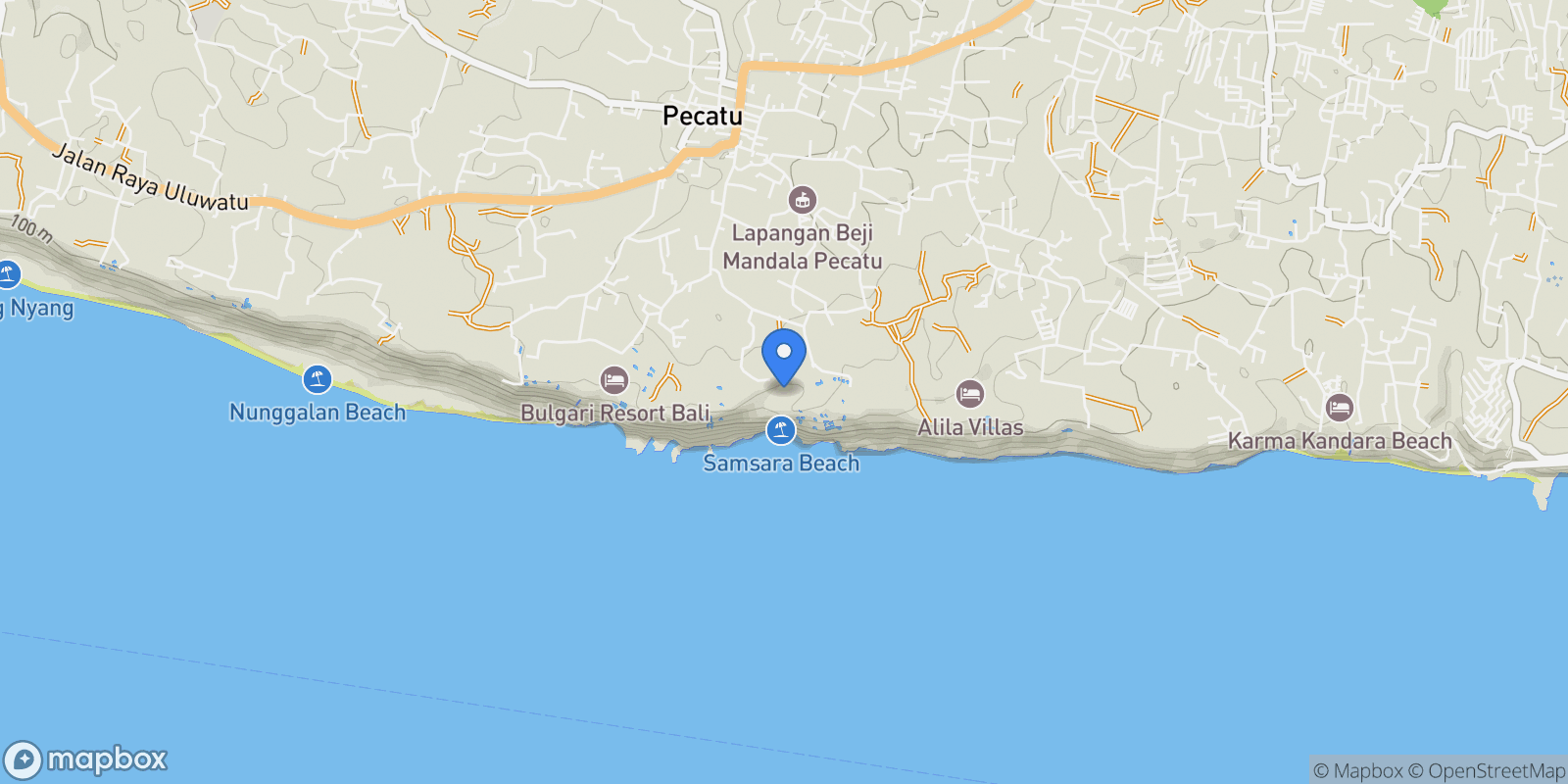 Map showing Jl. Goa Lempeh Uluwatu, Pecatu, Kec. Kuta Sel., Kabupaten Badung, Bali 80361, Indonesia, Bali, Indonesia.
