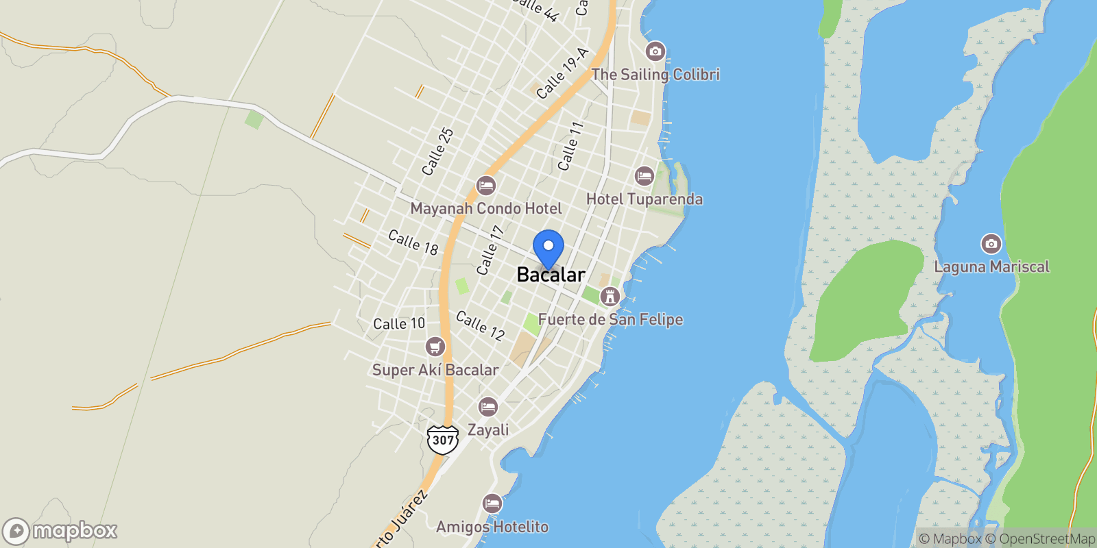 Map showing Bacalar, Quintana Roo, Mexico, Bacalar, Quintana Roo, Mexico.