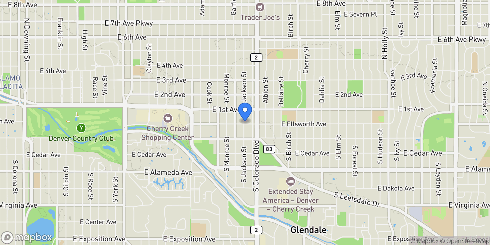 Map showing 12 Jackson Street, Denver, Colorado, United States.