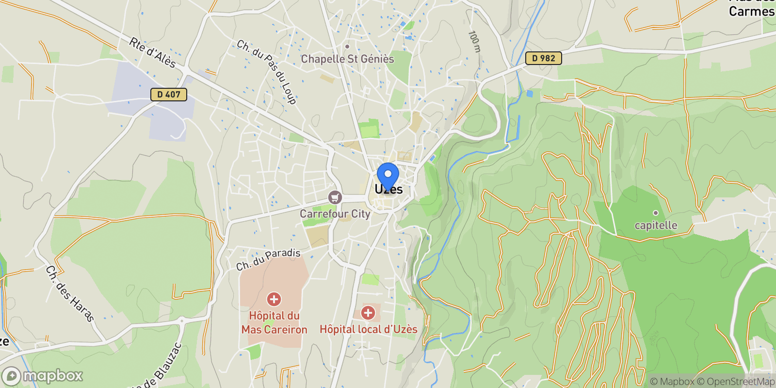 Map showing Uzès, Occitanie, France.