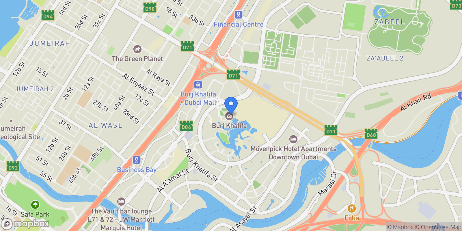 Map showing Dubai, Burj Khalifa, Dubai, Dubai, United Arab Emirates.