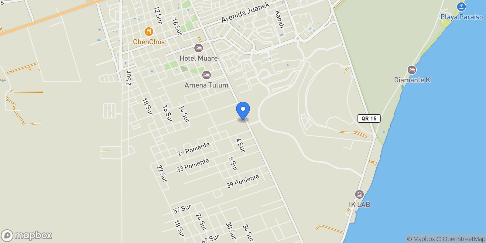 Map showing Av. Kukulkan Lt. 185, 77780 Tulum, Q.R., Mexico, Tulum, Quintana Roo, Mexico.