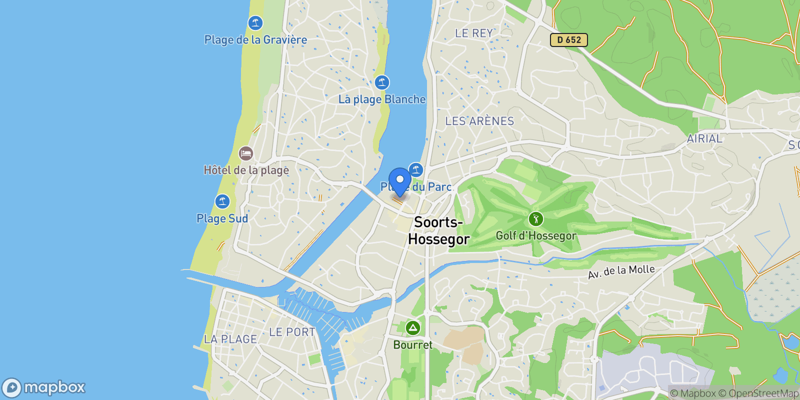 Map showing Hossegor, Nouvelle-Aquitaine, France.
