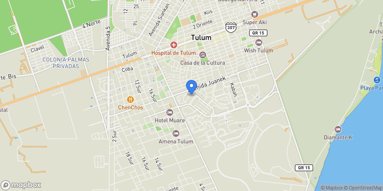 Map showing 77760 Tulum, Quintana Roo, Mexico, Tulum, Quintana Roo, Mexico.