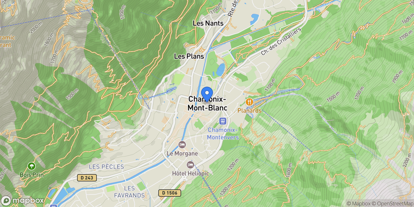 Map showing Chamonix, Auvergne-Rhône-Alpes, France.