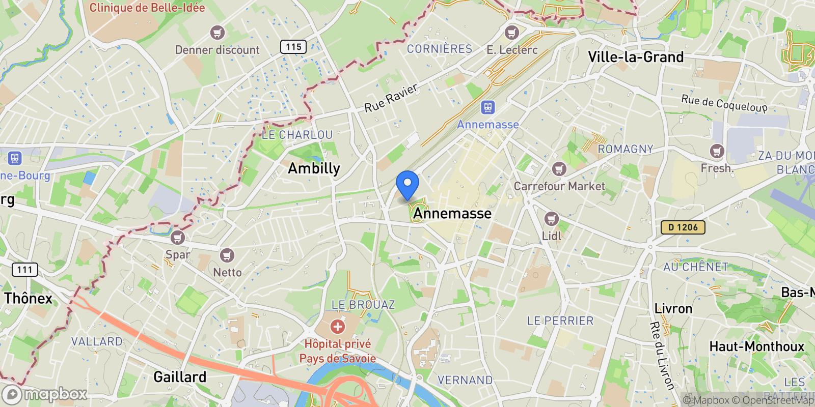 Map showing Annemasse, Auvergne-Rhône-Alpes, France.