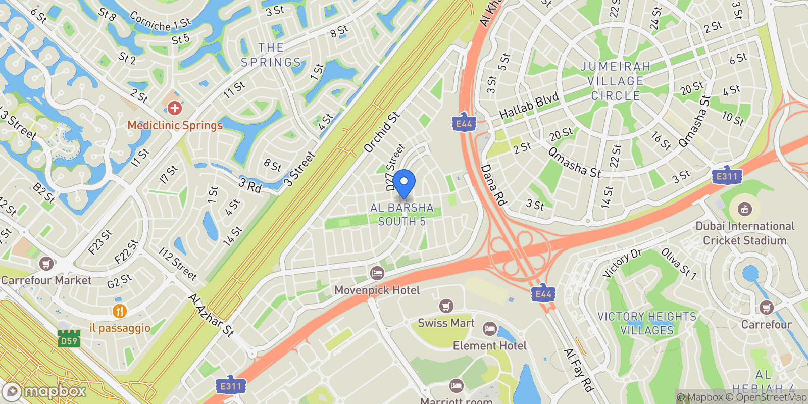 Map showing Dubai, Mediterranean Villas, Dubai, Dubai, United Arab Emirates.
