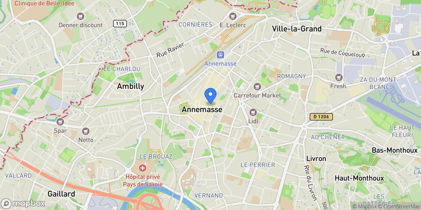 Map showing Annemasse, Auvergne-Rhône-Alpes, France.