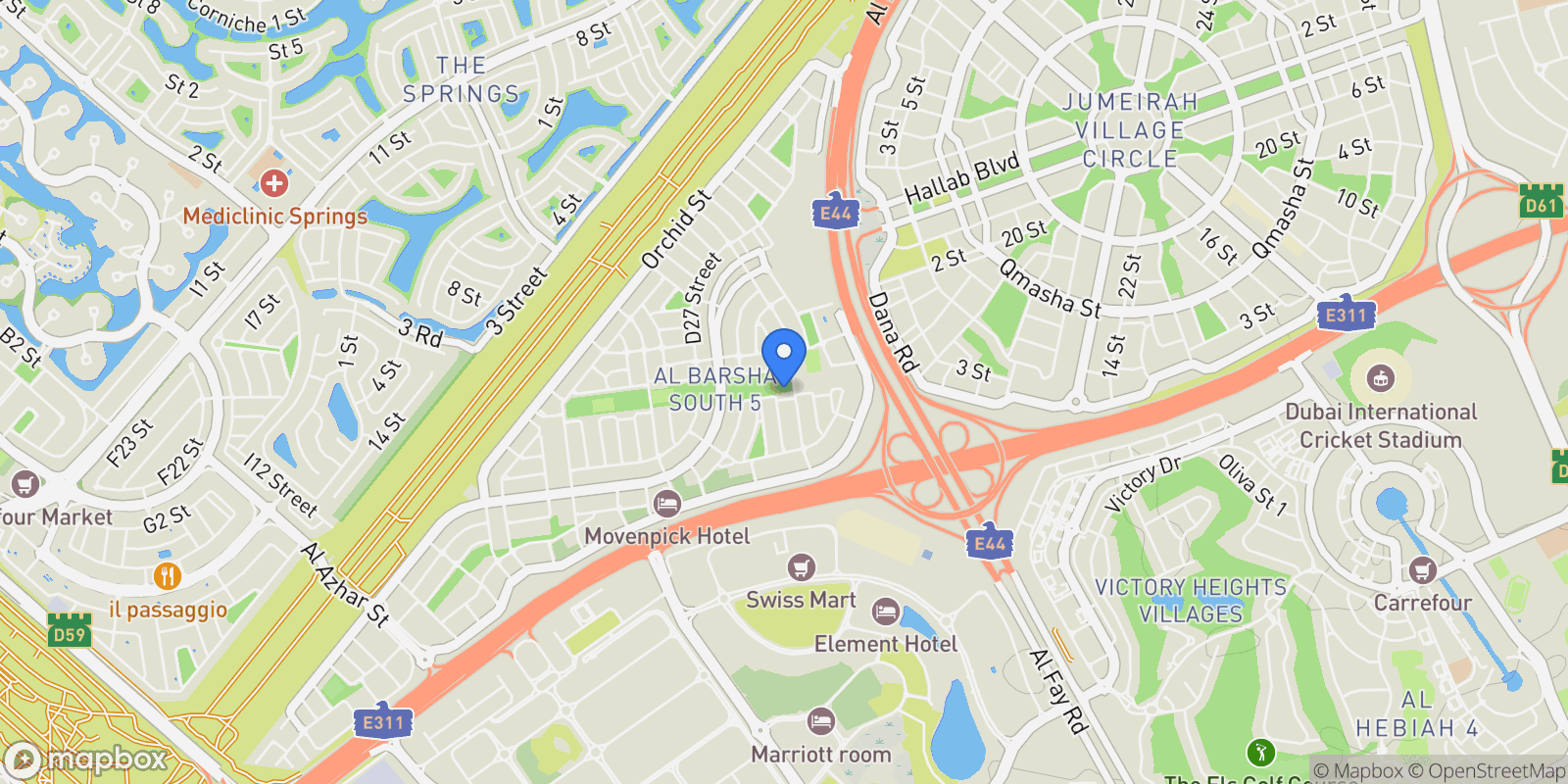 Map showing Dubai, Mediterranean Villas, Dubai, Dubai, United Arab Emirates.
