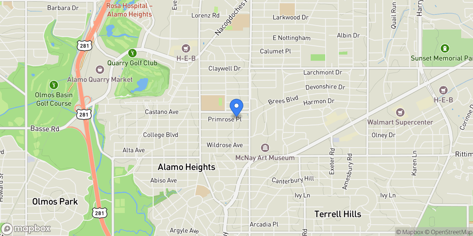 Map showing 301 Primrose Place , San Antonio, TX 78209, San Antonio, Texas, United States.