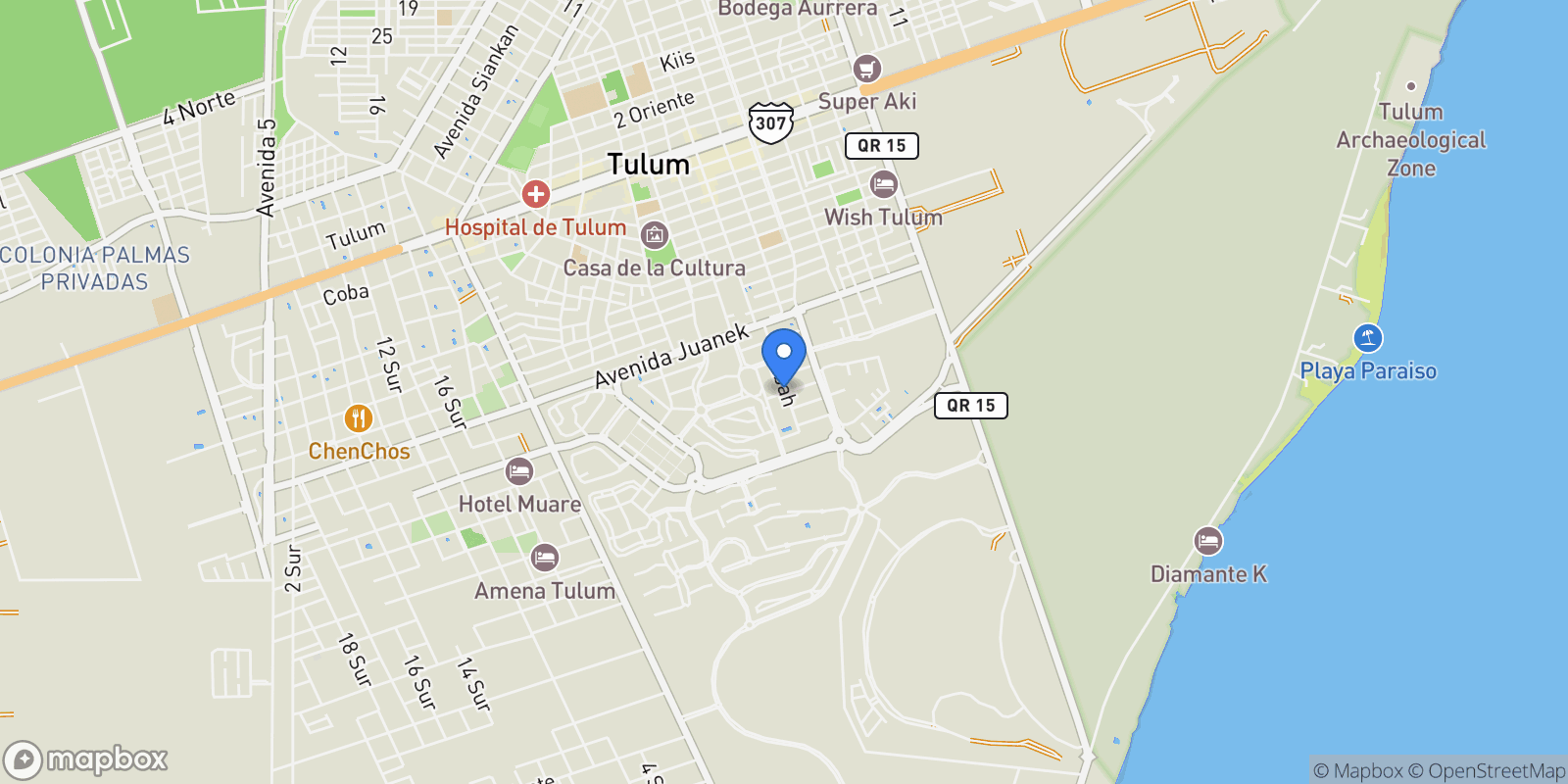 Map showing C. Iximche 11, 77760 Tulum, Q.R., Mexico, Tulum, Quintana Roo, Mexico.