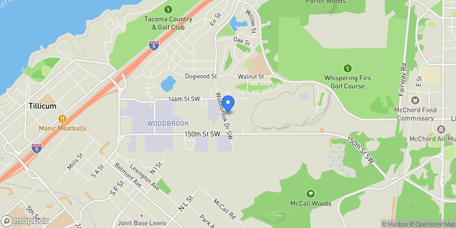 Map showing 7407 147th Street, Lakewood, WA 98439, Lakewood, Washington, United States.