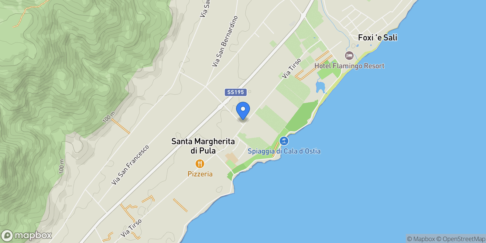 Map showing Via Tevere, 09010 Pula CA, Italia, Sardinia, Italy.
