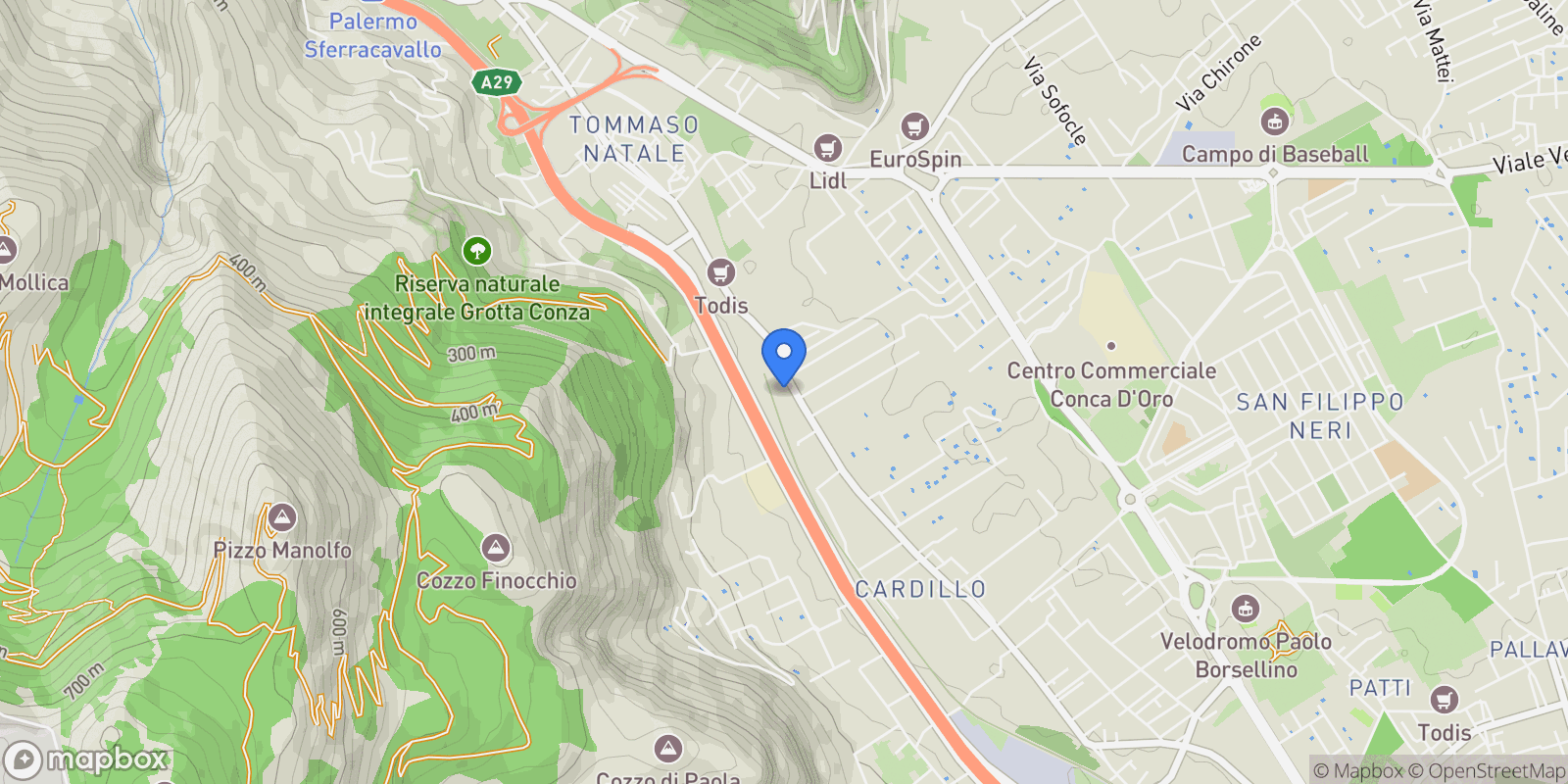 Map showing Via Tommaso Natale, 92B, 90147 Palermo PA, Italia, Palermo, Sicily, Italy.