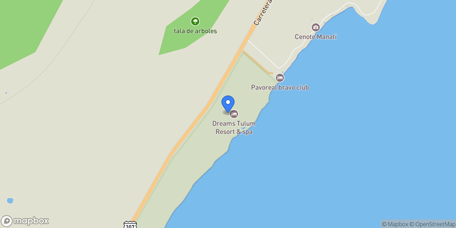Map showing Puerto Juarez, Carretera Chetumal Km. 236, 77760 Tulum, Q.R., Mexico, Tulum, Quintana Roo, Mexico.