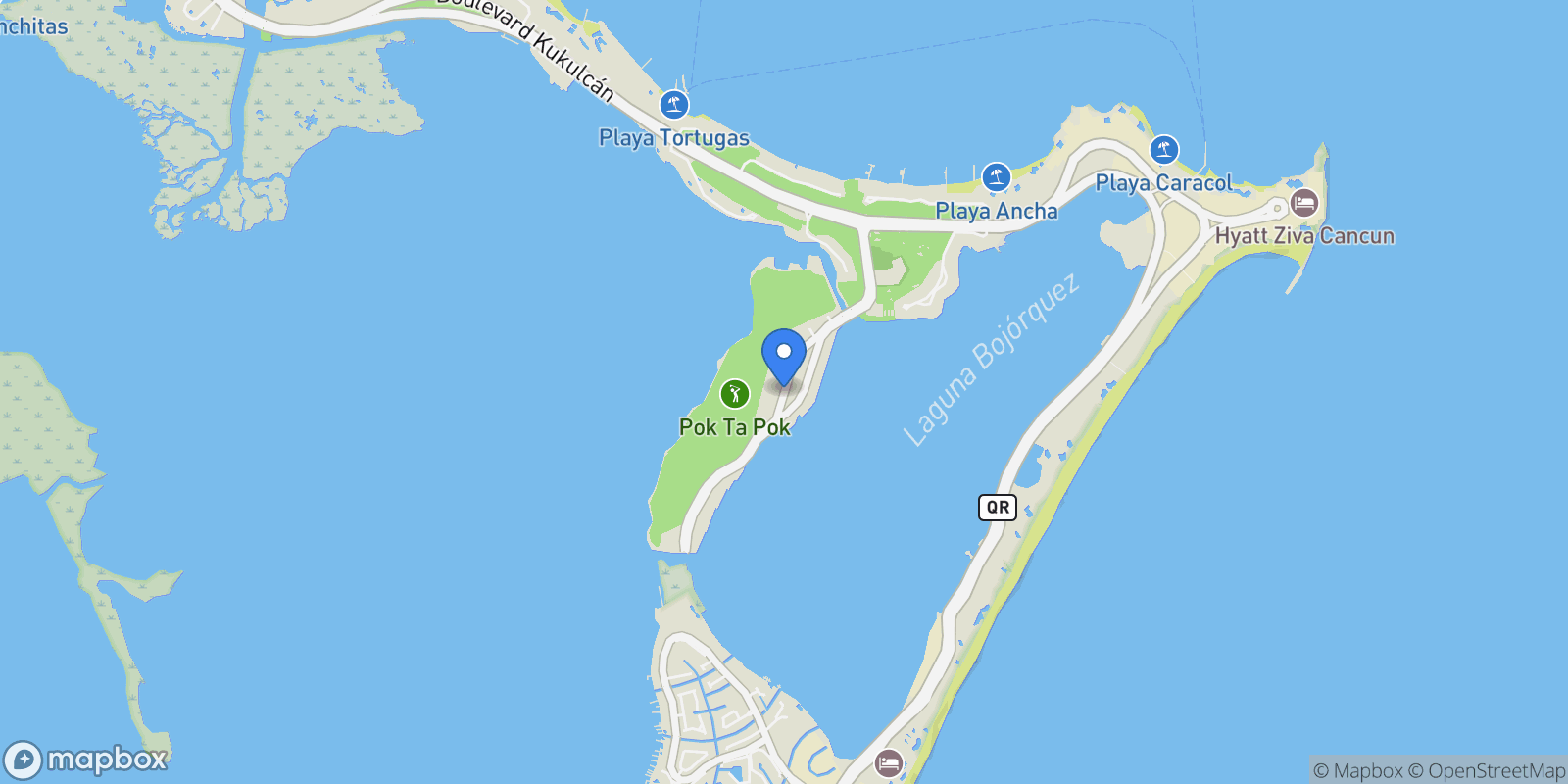 Map showing Pok-ta-pok, Kukulcan Boulevard, Zona Hotelera, 77500 Cancún, Q.R., Mexico, Cancún, Quintana Roo, Mexico.