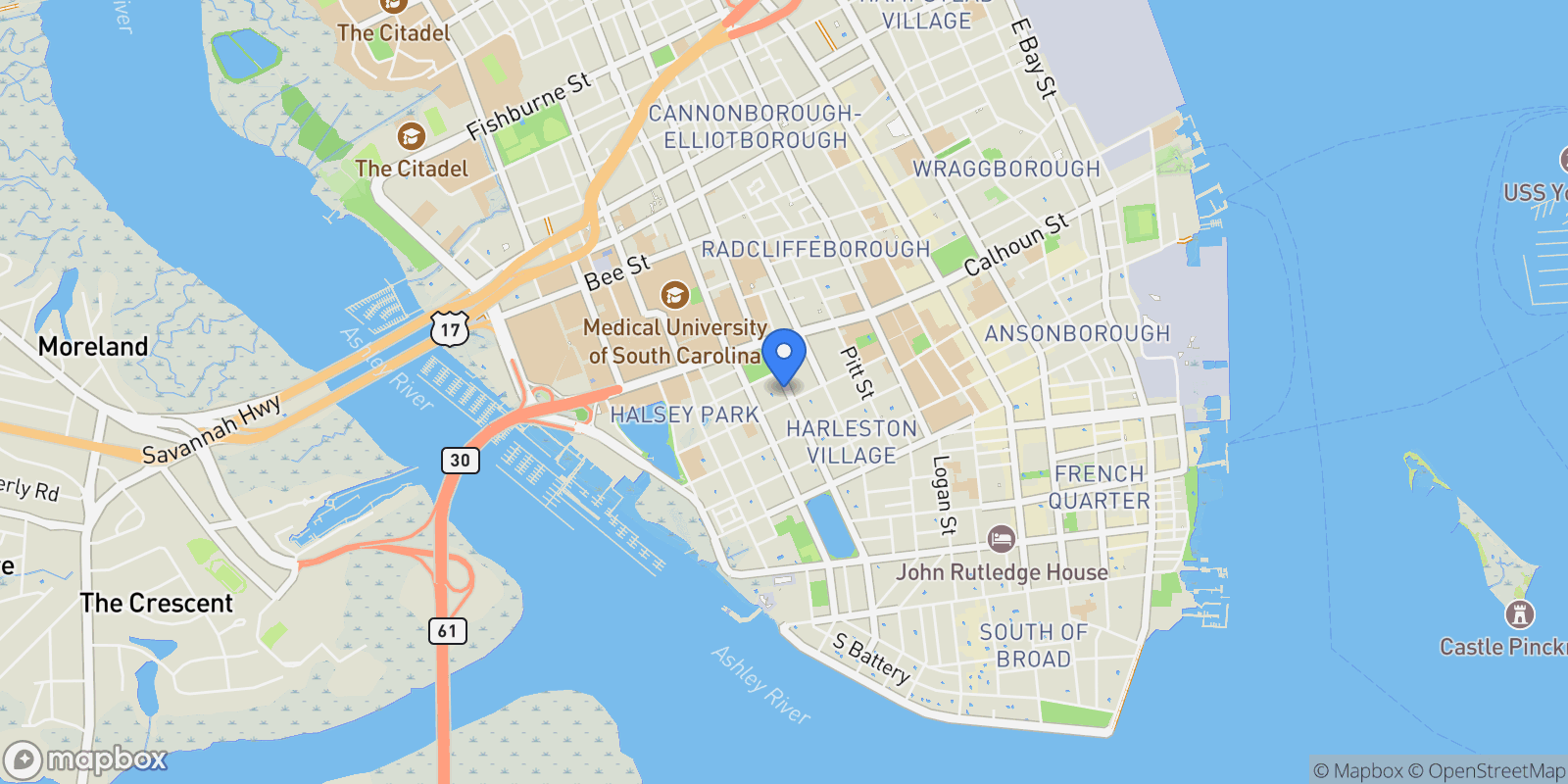 Map showing 109 Rutledge Avenue, Charleston, SC 29401, Charleston, South Carolina, United States.