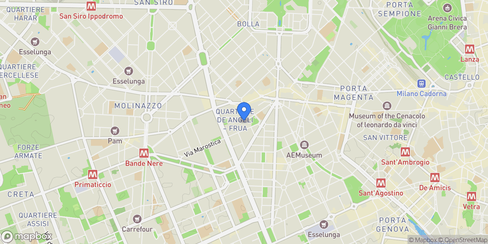 Map showing Via Giuseppe Frua, Lombardia, Milan, Lombardy, Italy.