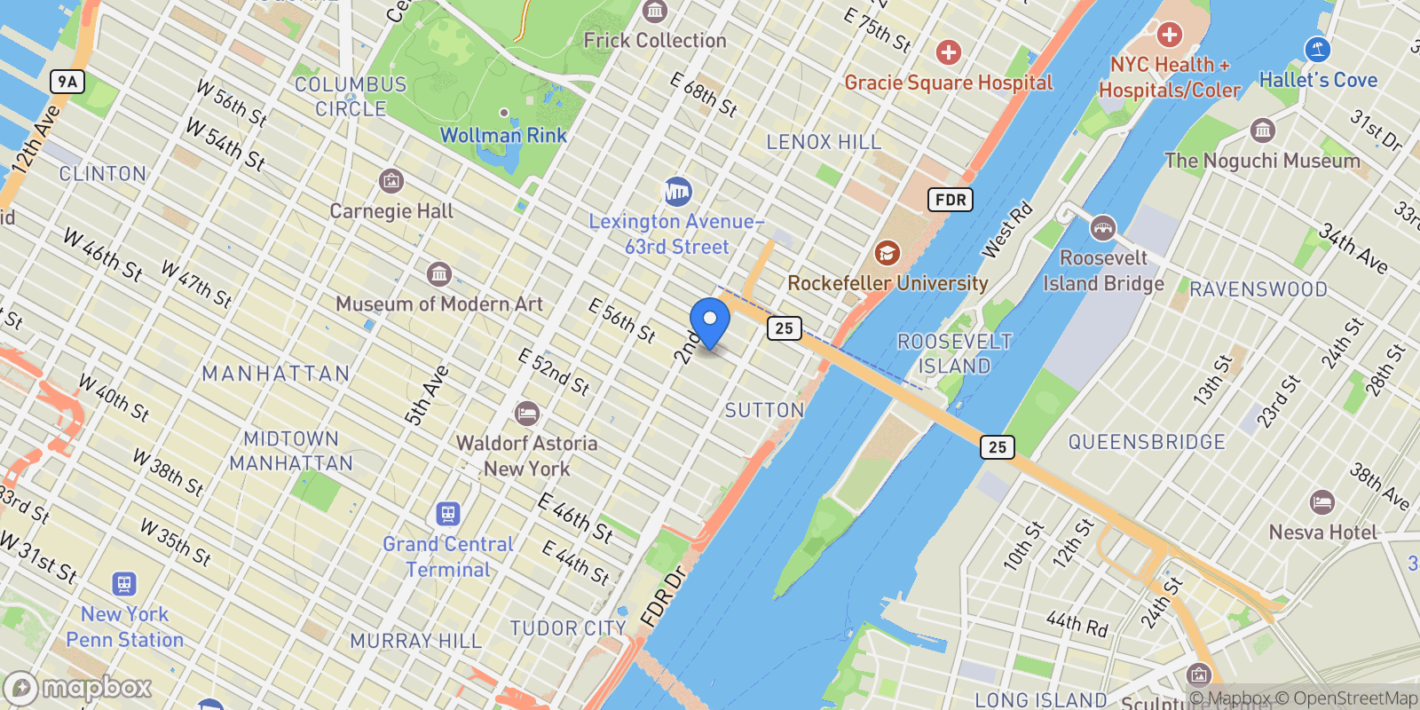 Map showing 322 E 57th Street Unit 12/13B, New York City, NY 10022, New York, New York, United States.