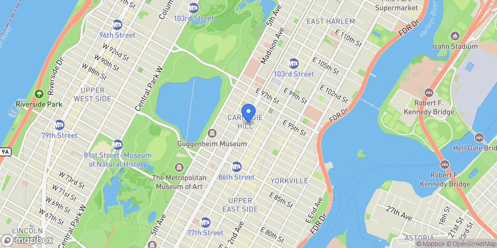 Map showing 1165 Park Avenue Unit 10B, New York City, NY 10128, New York, New York, United States.