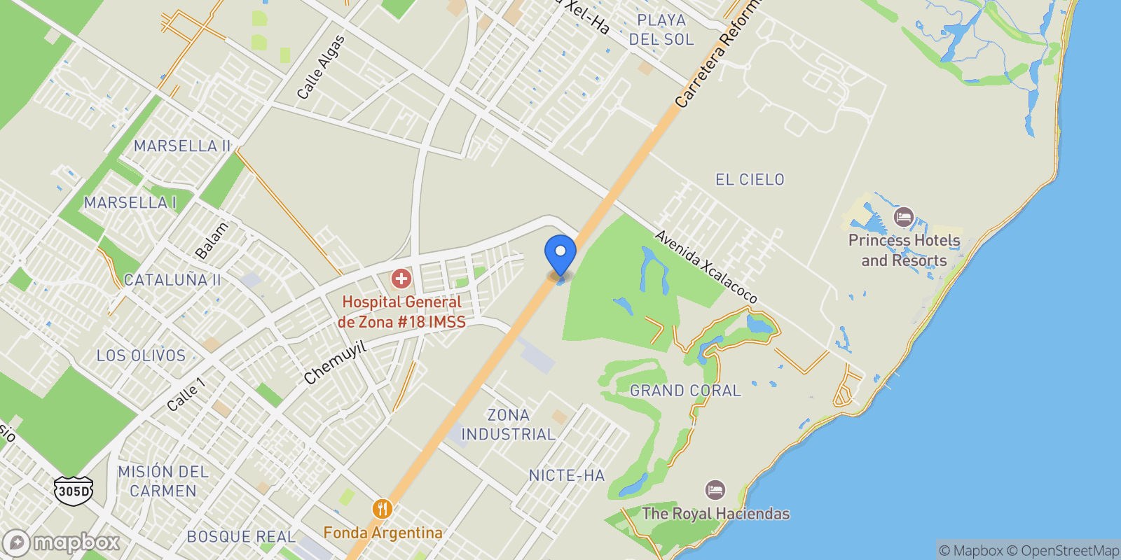 Map showing México 307 km 294, 77710 Playa del Carmen, Q.R., Mexico, Playa del Carmen, Quintana Roo, Mexico.