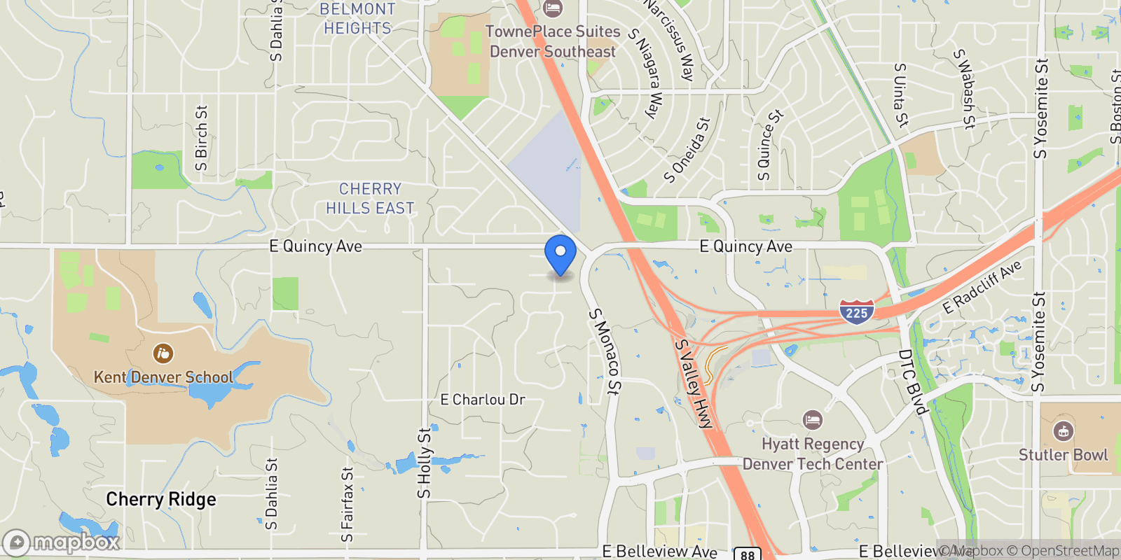 Map showing 6414 E Stanford Avenue, Cherry Hills Village, CO, 80111, USA, Cherry Hills Village, Colorado, United States.