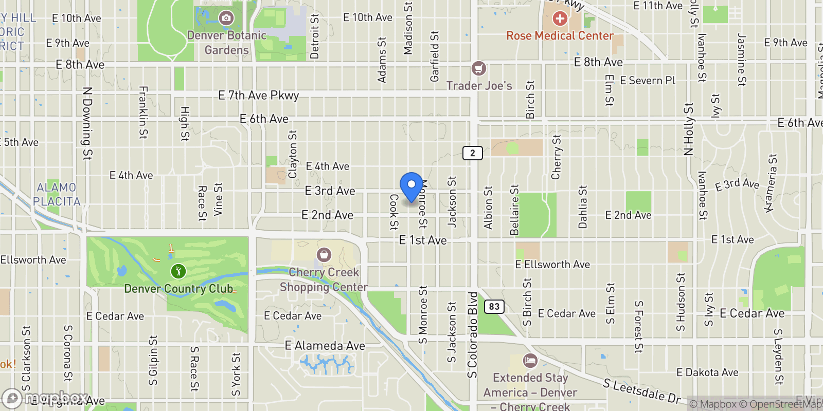 Map showing 214 Madison Street, Denver, CO, 80206, USA, Denver, Colorado, United States.